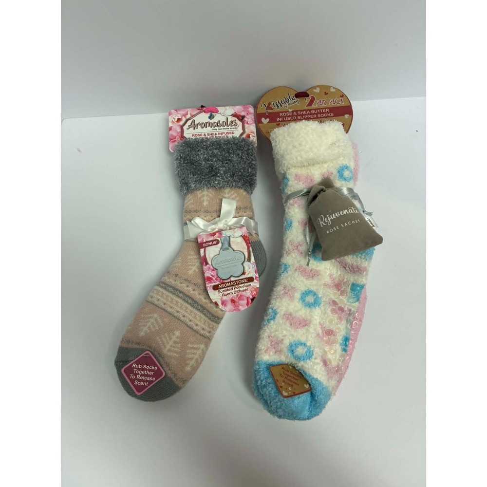 Aromasoles & Kissable Cozy Socks 2 Pair Set w/ Scent Sachet Plush Slipper Socks